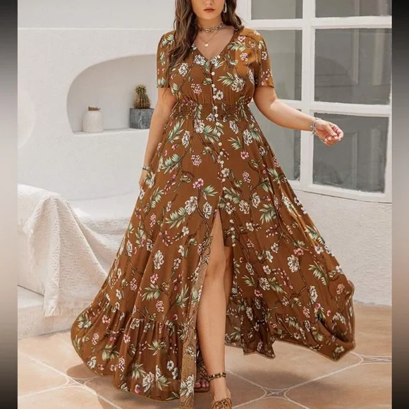 AA Collection | Dresses | Plus Size Boho Cottagecare Floral Print Button  Down Maxi Dress Brown New | Poshmark